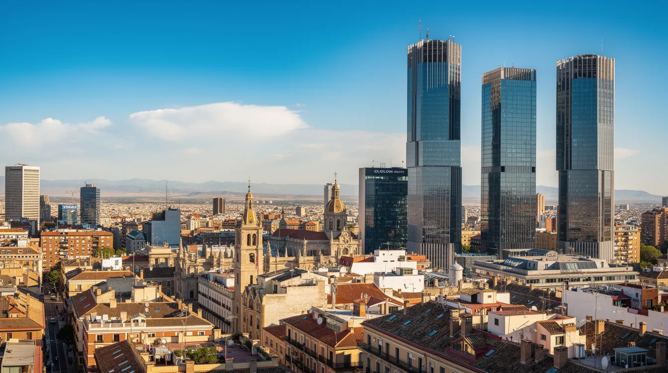 The image captures a panoramic view of the Madrid skyline, showcasing a blend of modern buildings against a clear blue sky. This vibrant cityscape reflects Spain's dynamic economy, appealing to entrepreneurs considering the entrepreneur visa in Spain for their innovative business projects.