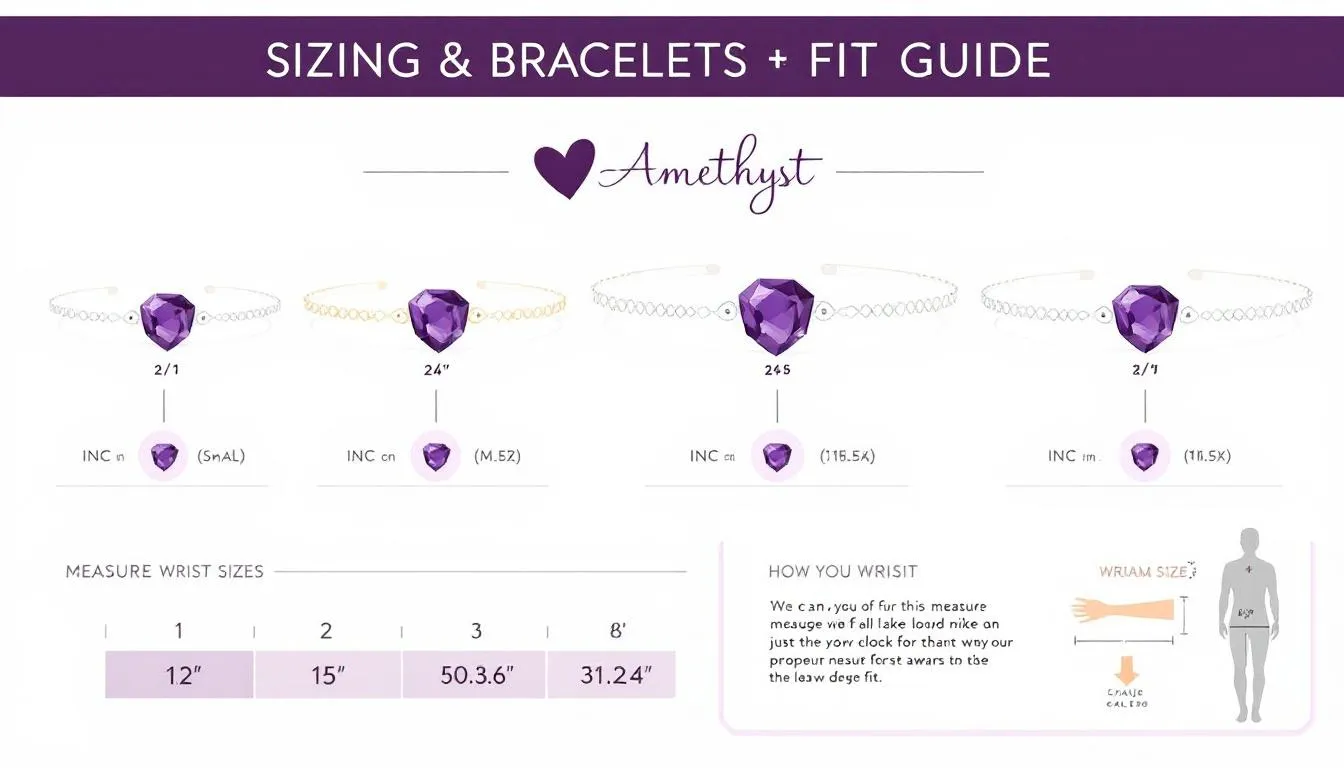 This image features a sizing and fit guide specifically for amethyst bracelets, showcasing various options and measurements to help customers choose the perfect piece of jewellery. The guide emphasizes the calm and meditative qualities of amethyst, making it an ideal addition to any collection of bracelets.