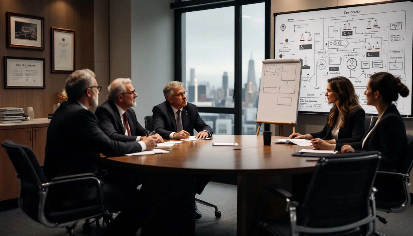 A meeting between a potential client and multiple lawyers discussing legal options.
