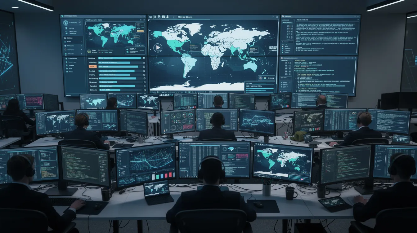 The image depicts a modern security operations center where analysts are intently monitoring multiple screens, showcasing their proactive approach to incident response and threat detection in the evolving threat landscape. This environment emphasizes the importance of cybersecurity capabilities and the continuous improvement of existing cybersecurity teams to bolster the organization's cybersecurity posture.