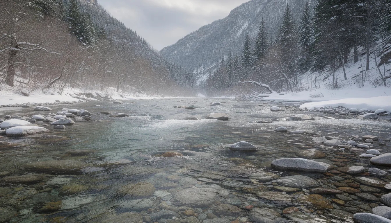 Zimowa górska rzeka pstrągowa z kamienistym dnem, gdzie ryby biorą w niskich temperaturach, a wędkarze mogą korzystać z metod takich jak wędkarstwo podlodowe. Woda w korycie rzeki jest krystalicznie czysta, a otaczające ją śnieżne krajobrazy tworzą malowniczą scenerię.