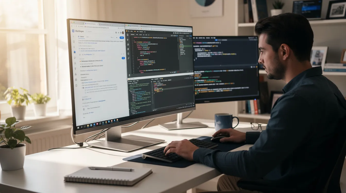 The image shows a developer focused on coding at a laptop, surrounded by multiple open browser tabs and terminal windows in a bright home office. This setup reflects a modern workspace where the developer may be engaging with generative AI models, fine-tuning machine learning algorithms, or exploring natural language processing techniques.