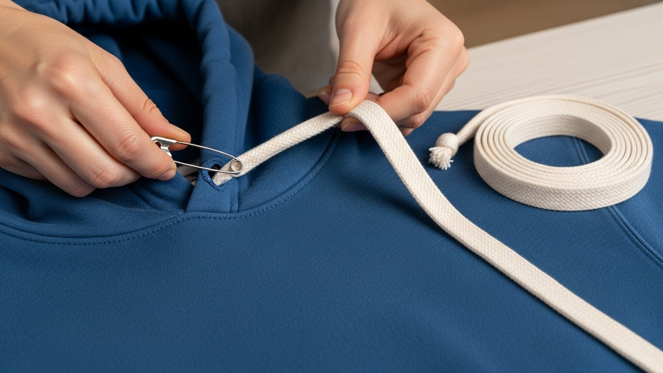 Jak włożyć sznurek do bluzy z kapturem za pomocą agrafki, jak na zdjęciu?