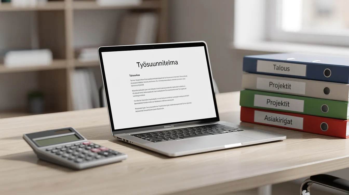 Kuvassa on toimistotyöpöytä, jolla on laskin, kansioita ja kannettava tietokone. Työpöydän järjestys viittaa siihen, että se on suunniteltu tehokkaaseen oman käytön verotuksen hallintaan ja liiketoiminnan tarpeisiin.