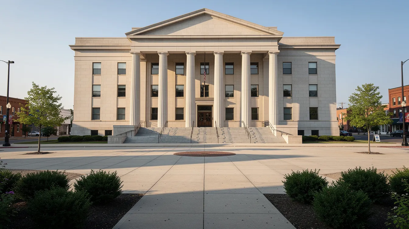 The image depicts an exterior view of a county courthouse, characterized by grand columns and a wide set of steps leading to the entrance. This building symbolizes the legal framework within which personal guarantees and business obligations are enforced, reflecting the importance of understanding personal liability for business owners.