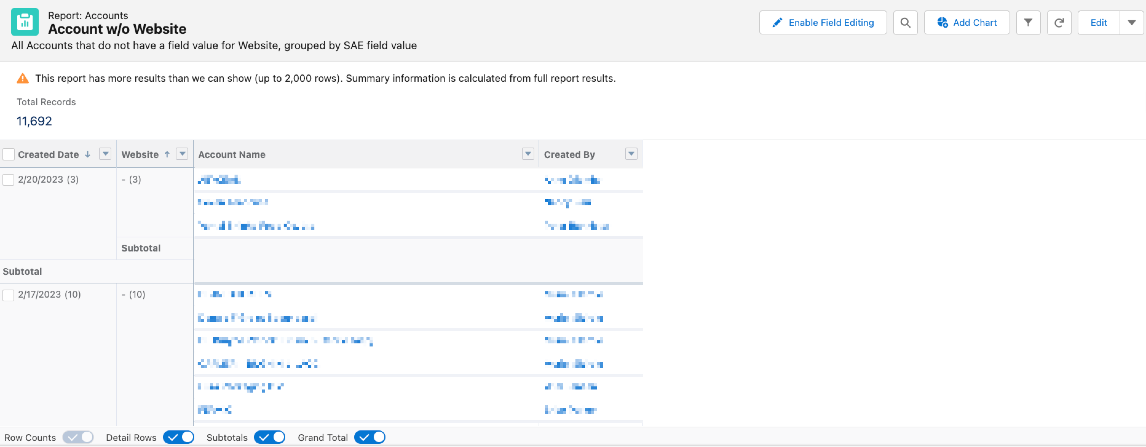 salesforce report - accounts without a website listed