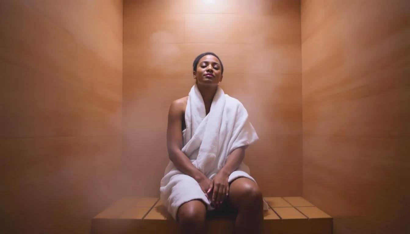 The image depicts a steam room session in progress, showcasing individuals relaxing in a warm, humid environment filled with steam. This traditional steam sauna offers numerous health benefits, including improved circulation, respiratory health, and stress reduction through moist heat.