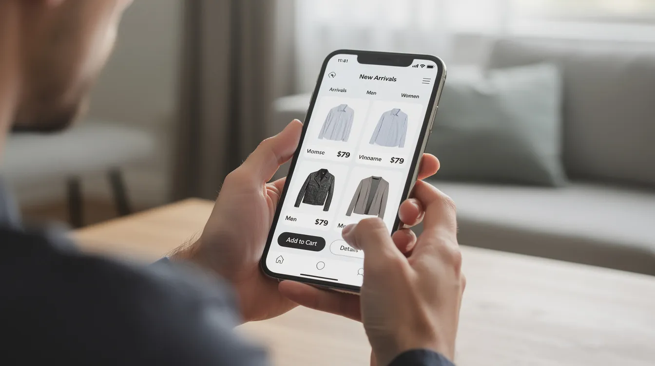 A person is holding a smartphone, browsing a clean online clothing store that showcases various fashion and apparel brands. The screen displays an intuitive layout featuring promotional banners and product pages, highlighting the importance of choosing the right Shopify theme for an engaging shopping experience.