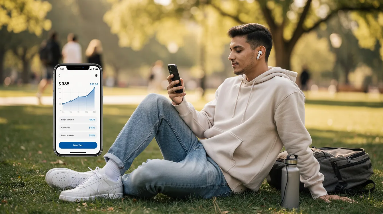 A young person is sitting on a grassy area in a park, relaxed and casually checking their financial app on their phone, potentially exploring options like mutual funds or trading stocks through a SoFi active investing account. The serene environment contrasts with their focus on personal finance and investment opportunities.