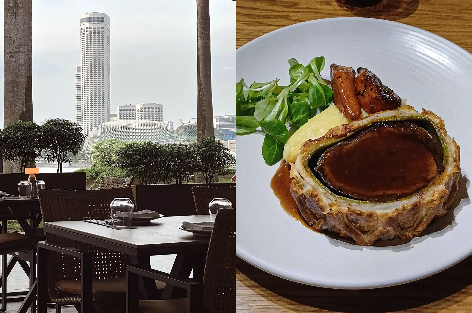 Left: Eye-level wide-angle view of an outdoor restaurant terrace with wooden tables and woven chairs, neatly set with plates and inverted glasses, framed by tall vertical columns and lush greenery, overlooking a waterfront city skyline with a prominent cylindrical high-rise and domed buildings under soft daylight. Right: Close-up, slightly top-down view of a plated gourmet dish on a wooden table, featuring a golden-brown pastry-wrapped entrée topped with glossy brown sauce, accompanied by mashed potatoes, small roasted sausages, and fresh leafy greens on a white ceramic plate under warm indoor lighting.