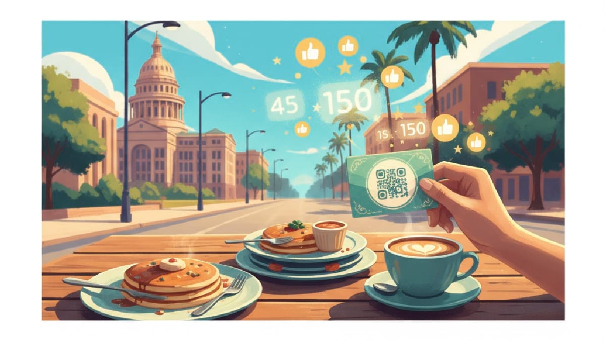 A hand holds a QR code card over a café table with food, cityscape, and floating thumbs-up icons.
