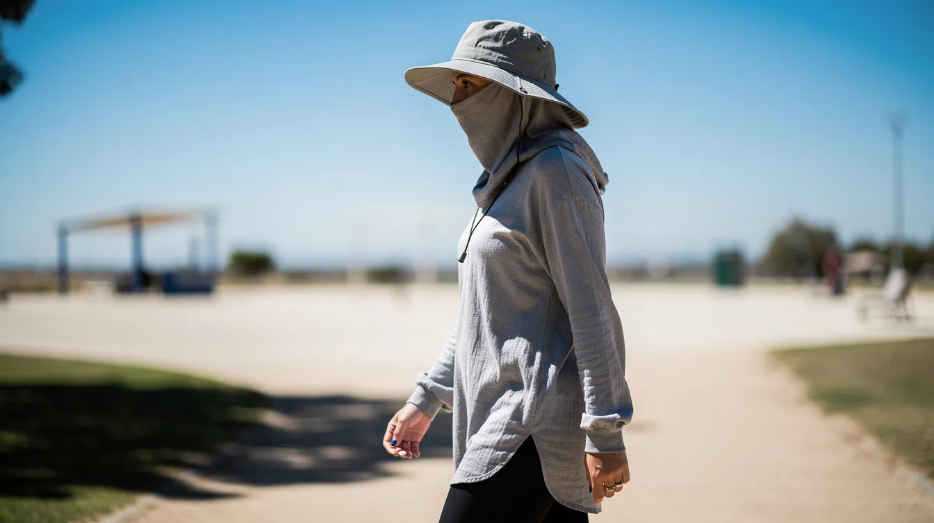 A person dressed in a long-sleeved shirt and a wide-brimmed hat is walking in bright outdoor sunlight, protecting their skin from potential sun damage while considering the effects of intense pulsed light (IPL) treatments on their skin texture. The hat and sleeves serve as a shield against light energy, emphasizing the importance of sun protection for sensitive skin before undergoing skin rejuvenation procedures.