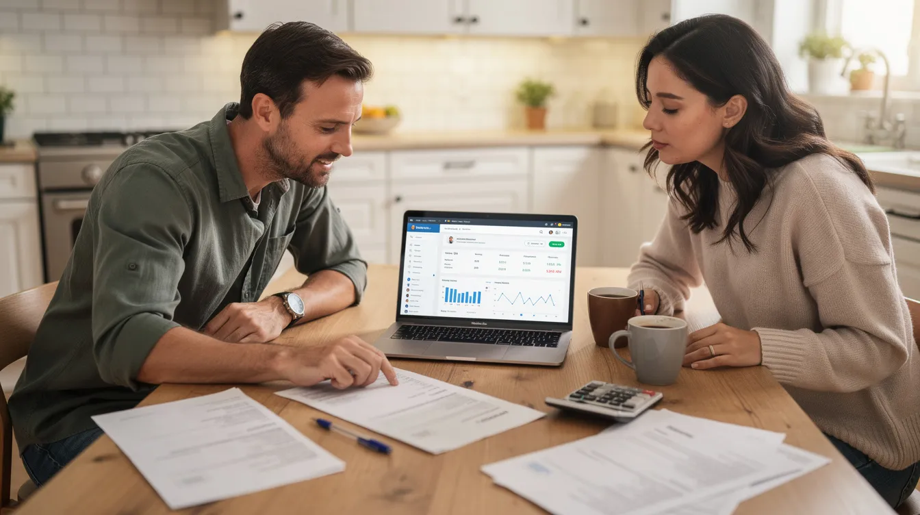 A man and a woman sit at a kitchen table, reviewing bank documents together with a laptop open in front of them, possibly discussing how to send money abroad or verify transaction details for their accounts. The warm home setting suggests a comfortable environment for managing their finances.