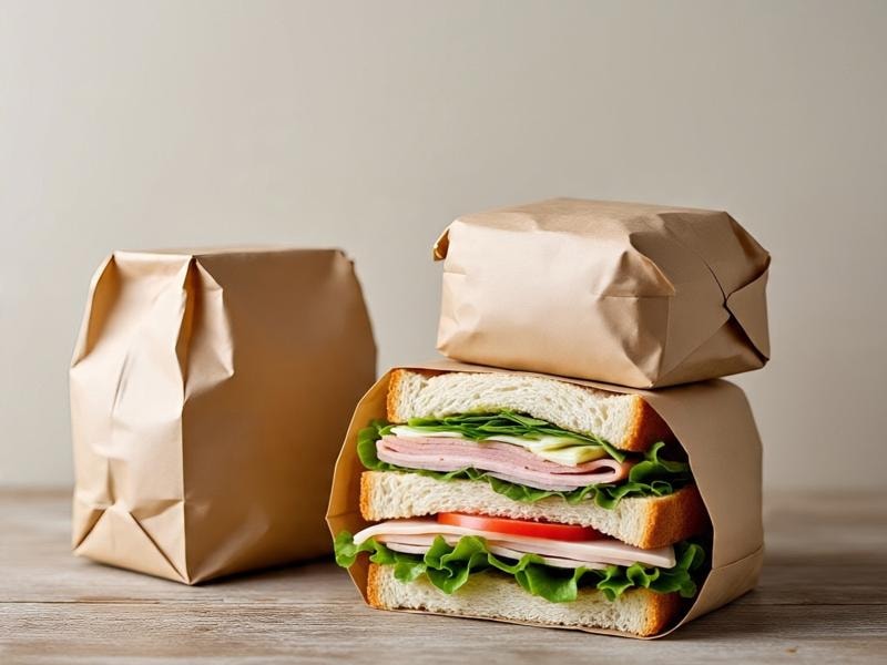 A big sandwich with ham, cheese, lettuce, and tomato wrapped in a brown paper bag, next to two other paper-wrapped food items.
