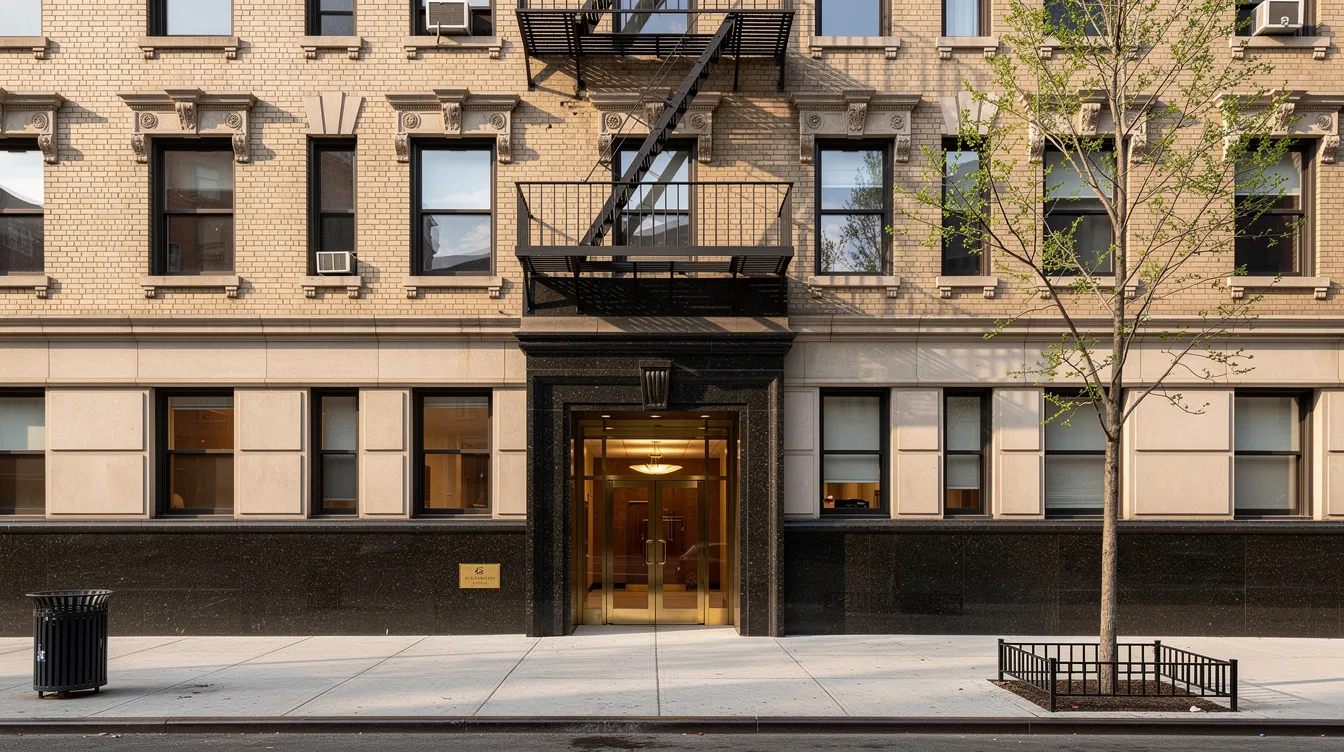 The image depicts a well-maintained façade of a residential building in Manhattan, featuring a clean sidewalk and inviting entrance, reflecting the high standards of property management services in NYC. This meticulously cared-for property highlights the expertise of a dedicated management team committed to providing exceptional service and maintaining long-term value for property owners.