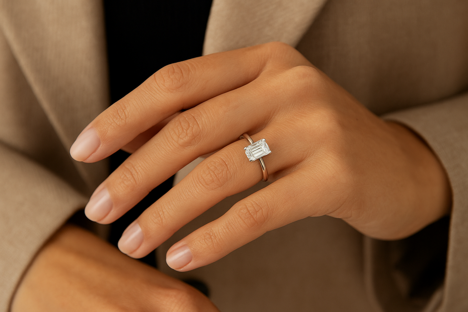 Stilingos moters kairės rankos bevardis pirštas papuoštas klasikiniu sužadėtuvių žiedu su emerald formos deimantu