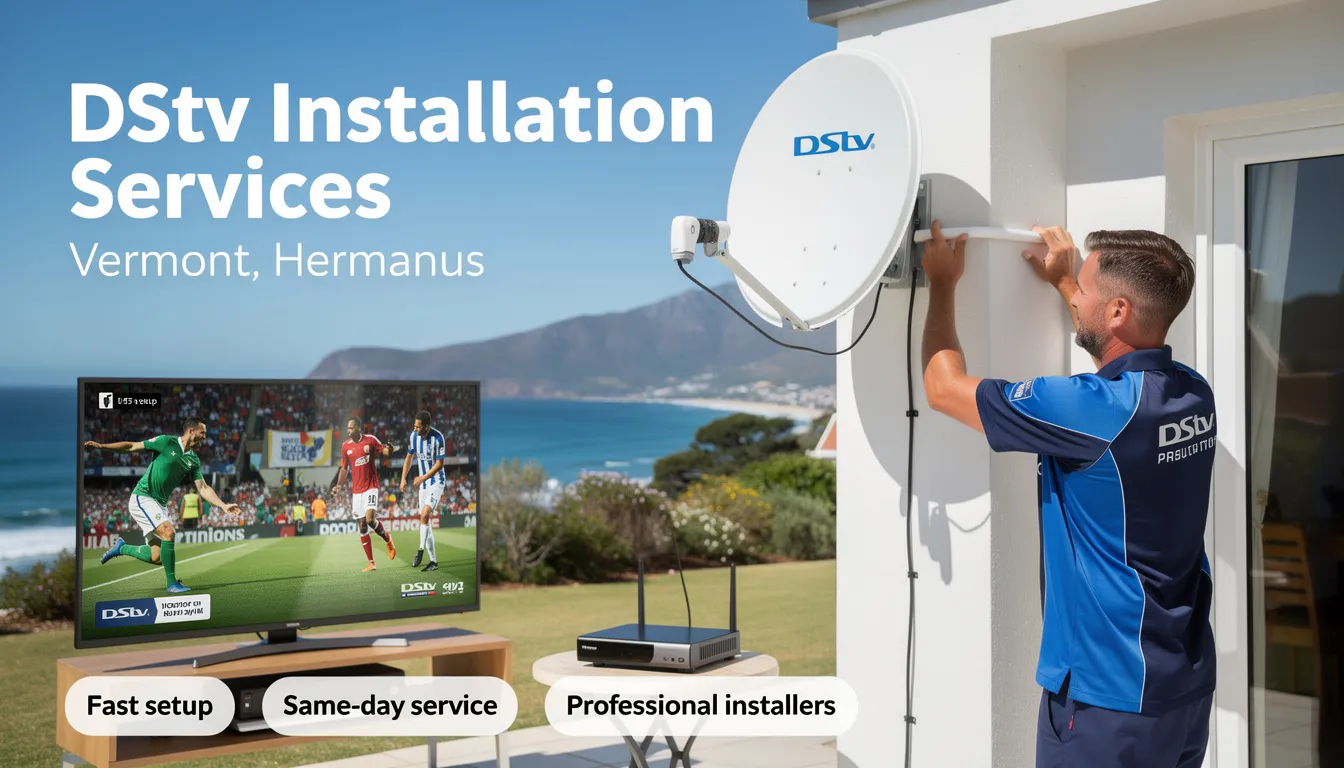 The image depicts a team of accredited DStv installers in Vermont, Hermanus, working on a satellite dish installation. They are focused on ensuring the best reception for customers, showcasing their professional skills in providing exceptional DStv installation services.