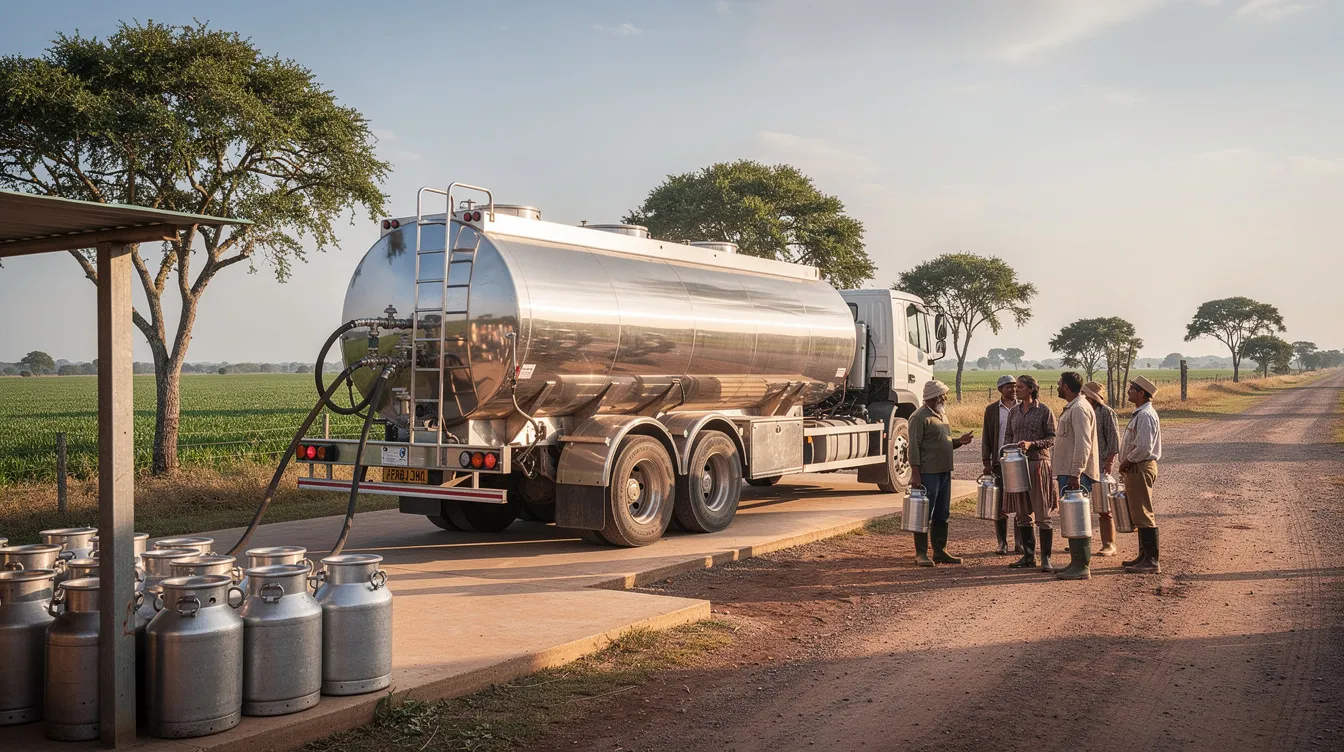 A stainless steel milk tanker truck is parked at a rural milk collection center, with farmers in the background engaging in discussions about milk production. This scene highlights the importance of rural development and the role of financial institutions in supporting dairy processing projects through loans and working capital.