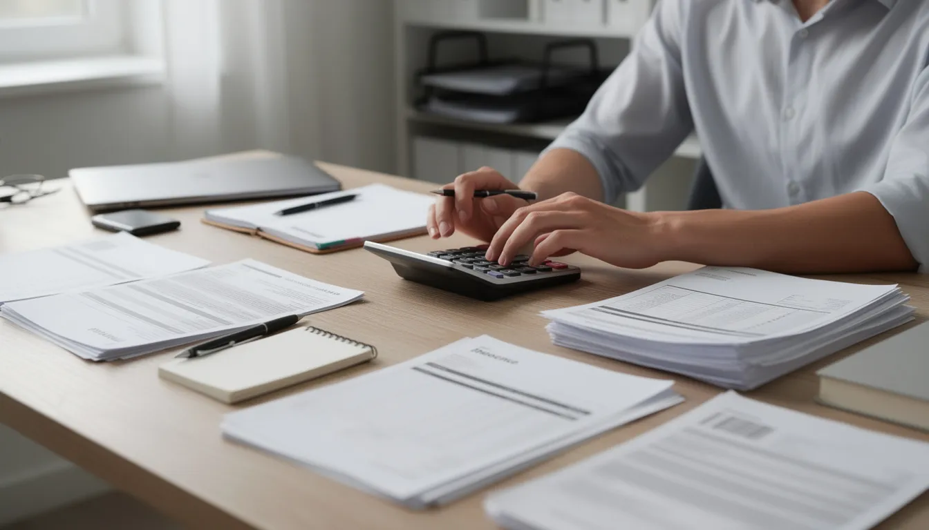 A person is sitting at a desk, using a calculator while surrounded by paperwork, likely related to their employment contract and holiday entitlement. The scene suggests they may be calculating their unused holiday pay or annual leave entitlement as they prepare to leave a job.