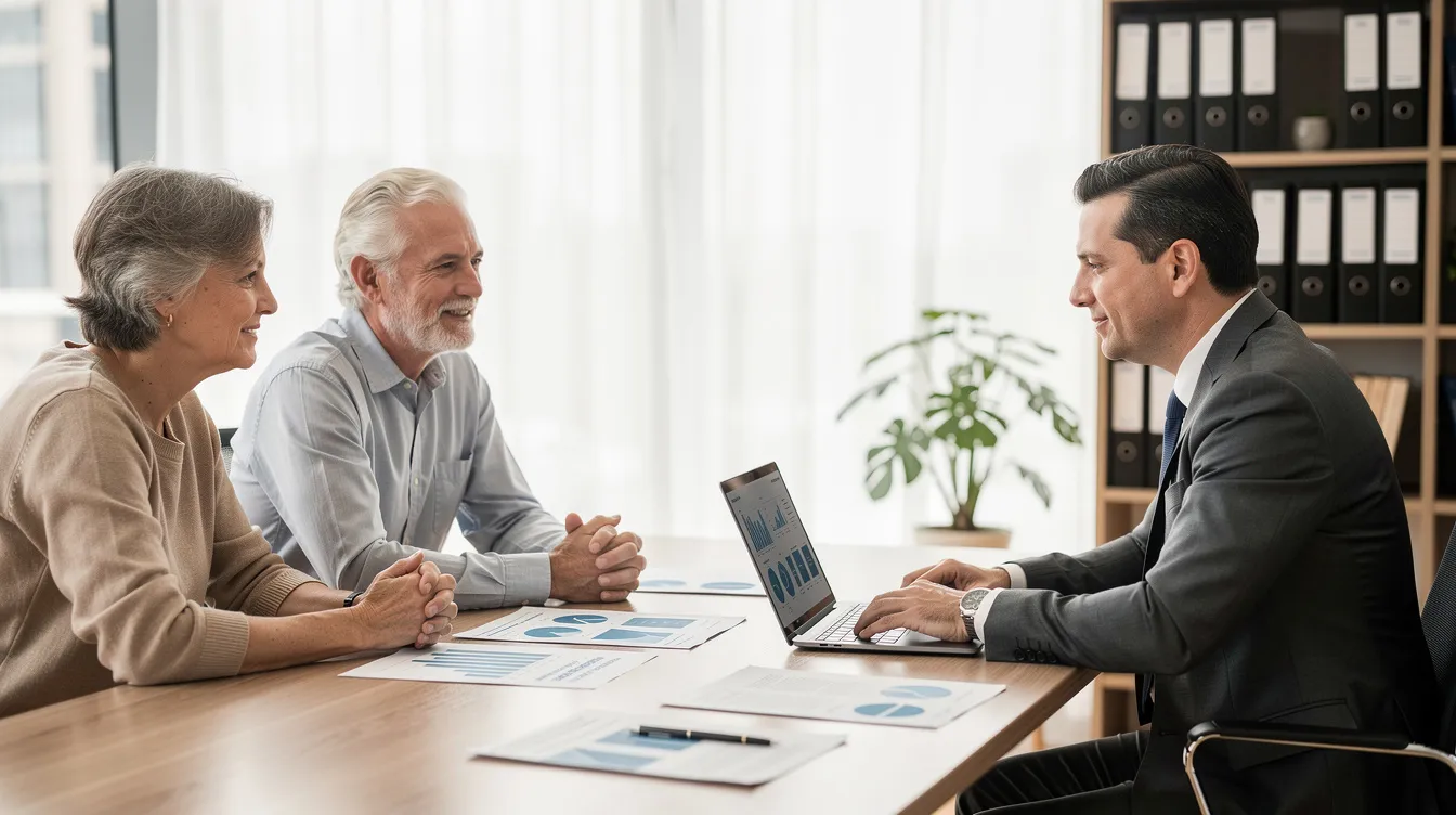 A financial advisor is meeting with pre-retiree clients in an office, discussing their retirement plans and options for pension benefits, including monthly payments and lump sum payments. The advisor provides guidance on investment strategies to help maximize their retirement savings and ensure a secure income during retirement.
