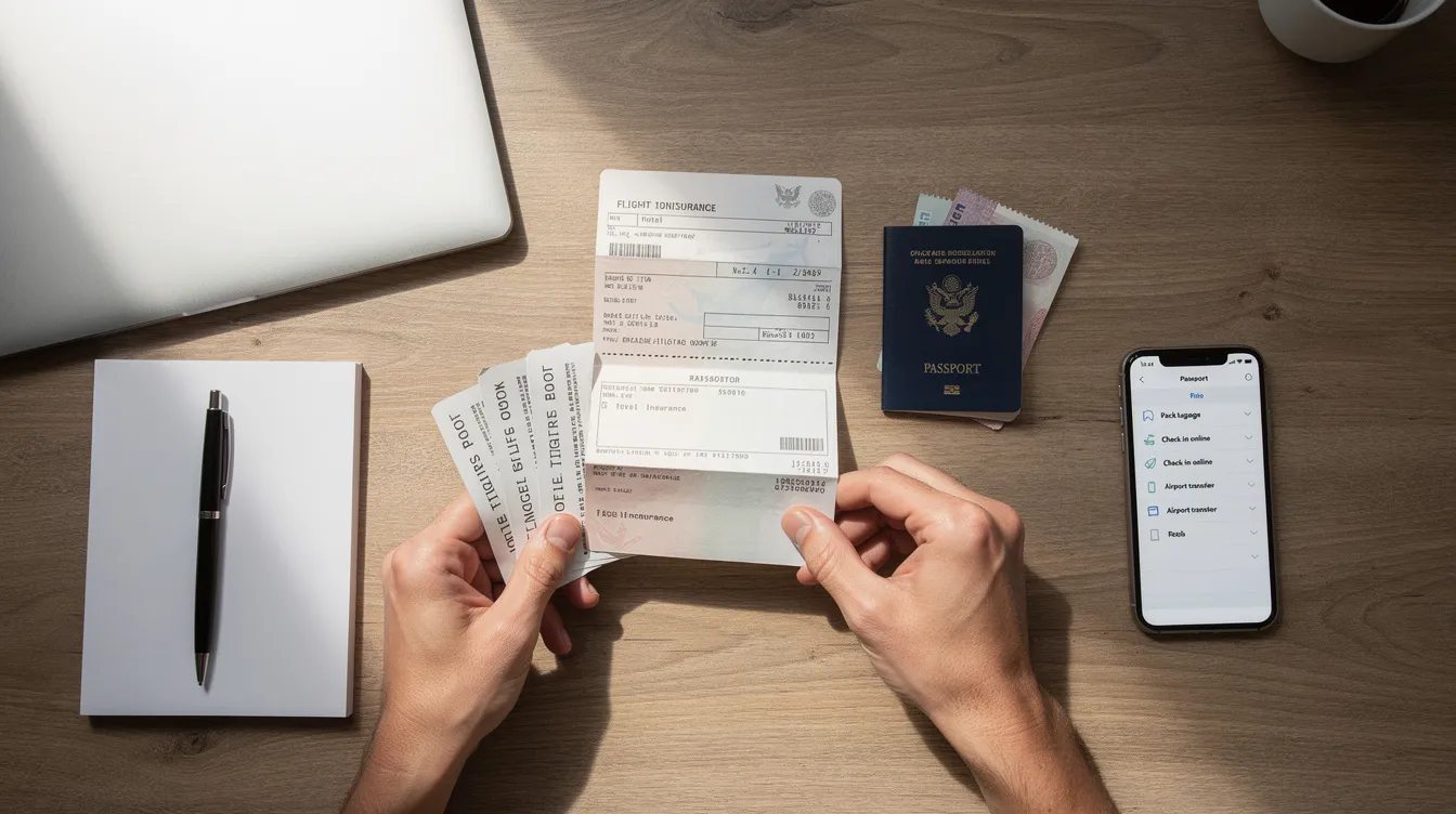 A person is carefully organizing various documents, including a passport, on a desk, likely preparing for a UK visa application from the Philippines. The scene emphasizes the importance of having signed documents ready for the immigration process.