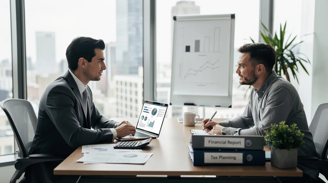 A professional accountant is seated at a desk in an office, discussing tax preparation strategies with a small business owner. They are reviewing tax documents and discussing business tax services, highlighting the importance of tax planning and potential tax savings for small businesses in Pembroke Pines, Florida.