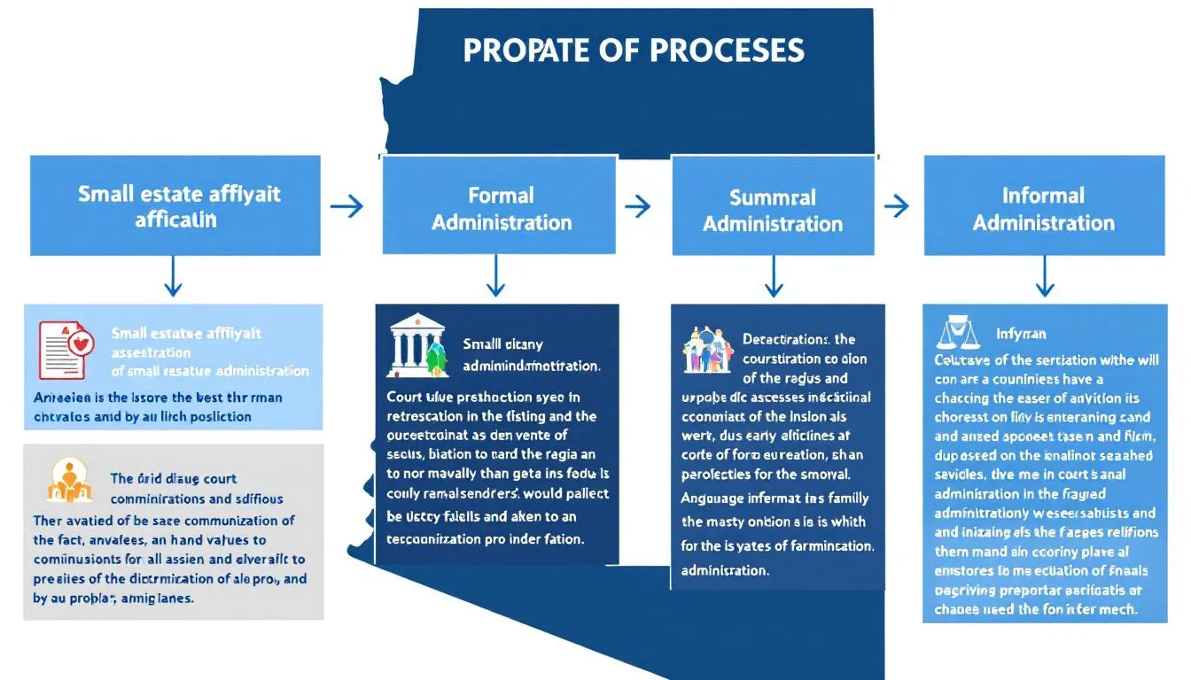 In the image, various types of probate processes in Arizona are illustrated, highlighting formal and informal probate, as well as supervised probate. It emphasizes the role of a personal representative and the probate court in managing a deceased person's estate, including real property and personal property, while navigating the legal aspects of probate law.