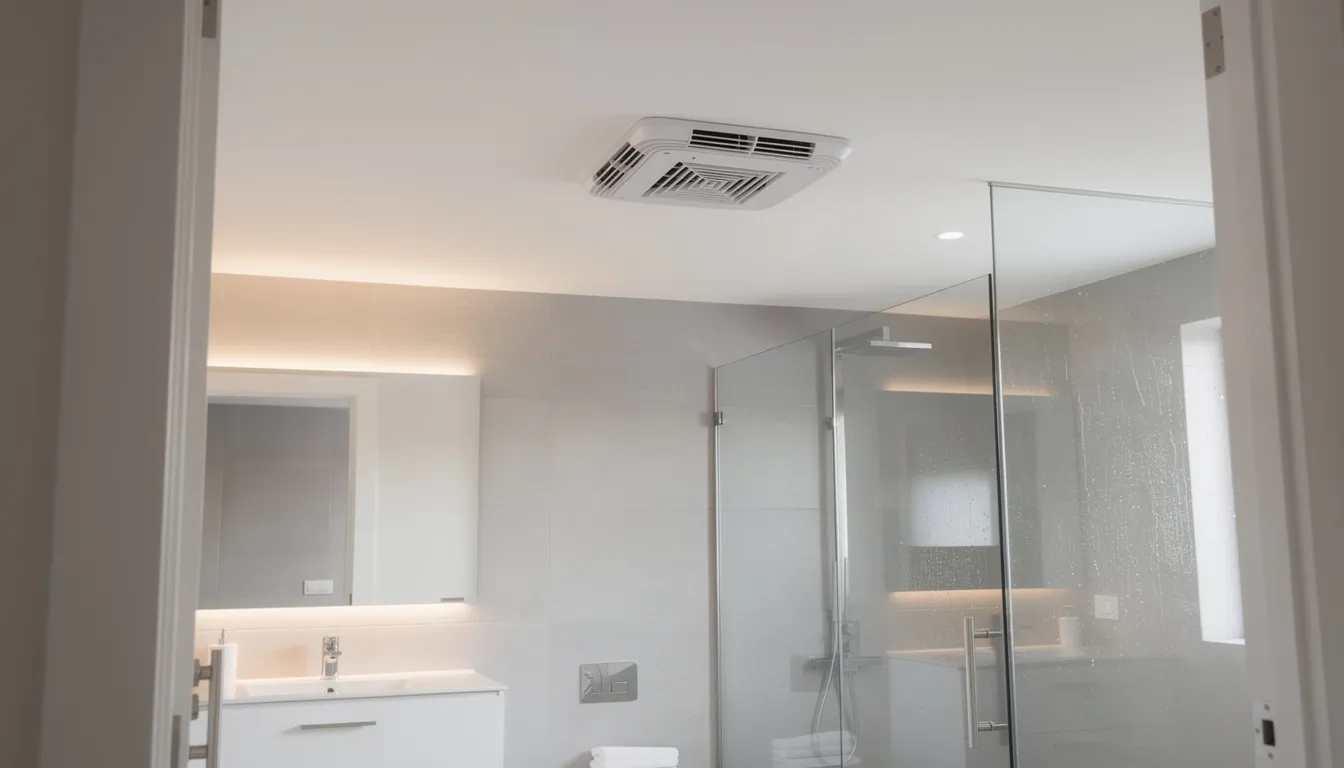 The image shows an exhaust fan installed in the ceiling of a residential bathroom, designed to help prevent mold growth by improving ventilation. Proper home maintenance, including the use of exhaust fans, is essential to avoid mold damage and may affect insurance coverage for mold claims.