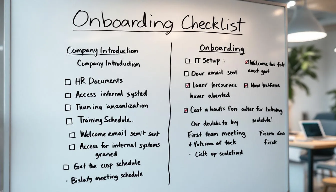Auf einem Whiteboard ist eine Onboarding-Checkliste für neue Mitarbeiter abgebildet, die verschiedene Phasen und Aufgaben des Onboarding Prozesses in einem Unternehmen auflistet, um den neuen Kollegen einen optimalen Start an ihrem ersten Arbeitstag zu ermöglichen. Die Liste enthält Tipps und Maßnahmen zur Integration und Einarbeitung in das Team und die Unternehmensabläufe.