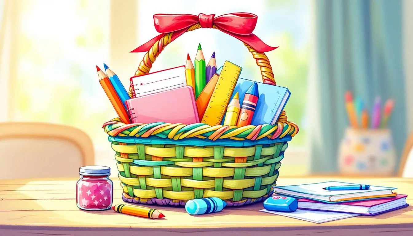 A colorful basket filled with various school supplies, a perfect handmade gift for a child's teacher.