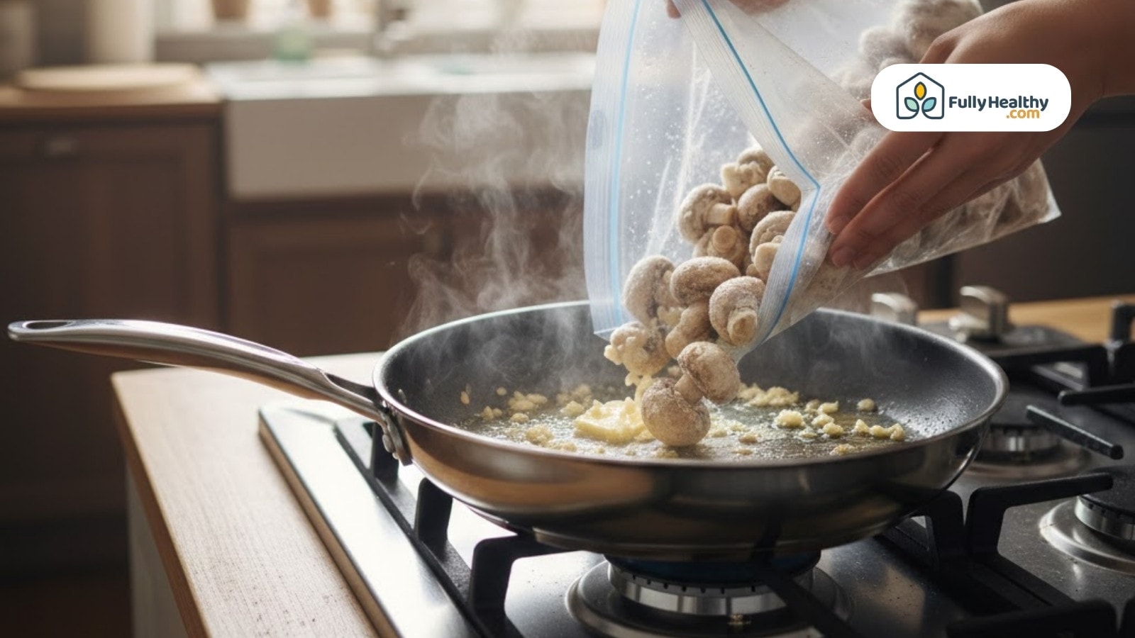 Frozen mushrooms poured from bag into hot pan with garlic for cooking