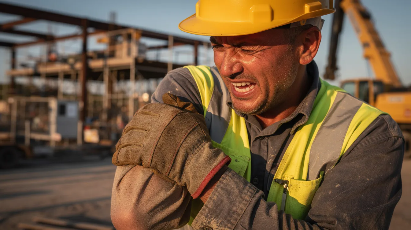 A close-up image shows a construction worker in a hard hat gripping their elbow in visible pain, highlighting the impact of a work-related injury. This scene emphasizes the importance of workers compensation benefits for injured workers seeking medical treatment and financial support in Colorado.