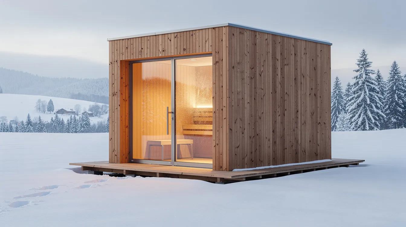 A modern outdoor cedar sauna cabin features a large glass window that provides a stunning view of a snowy landscape, showcasing its cedar construction and inviting design. This outdoor cedar sauna is perfect for relaxation, offering a serene sauna experience in a beautifully natural environment.