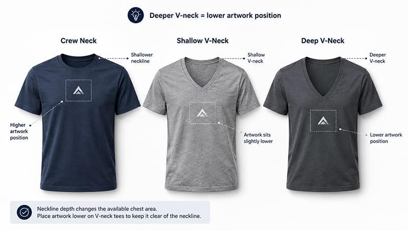 Crew neck, shallow V-neck, and deep V-neck T-shirts showing how neckline depth changes artwork position