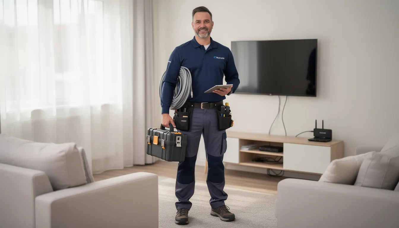 A professional technician in uniform is seen carrying installation equipment, ready to provide high-quality DSTV installation services. This image represents skilled professionals who offer affordable DSTV installation in Bellville, ensuring the best reception and customer satisfaction.