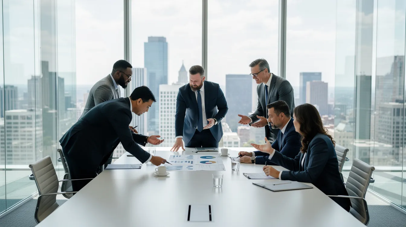 L'image montre un groupe de dirigeants, debout autour d'une grande table de réunion, engagés dans une discussion stratégique. Cette scène se déroule dans une salle vitrée moderne, illustrant un environnement propice au leadership et à la collaboration efficace au sein de l'entreprise.
