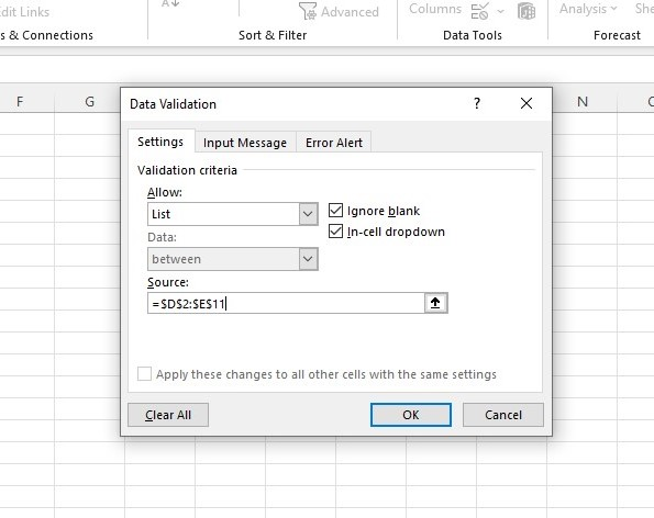Input the items for the drop-down list in the source box or select the range for the drop-down list in the source box.