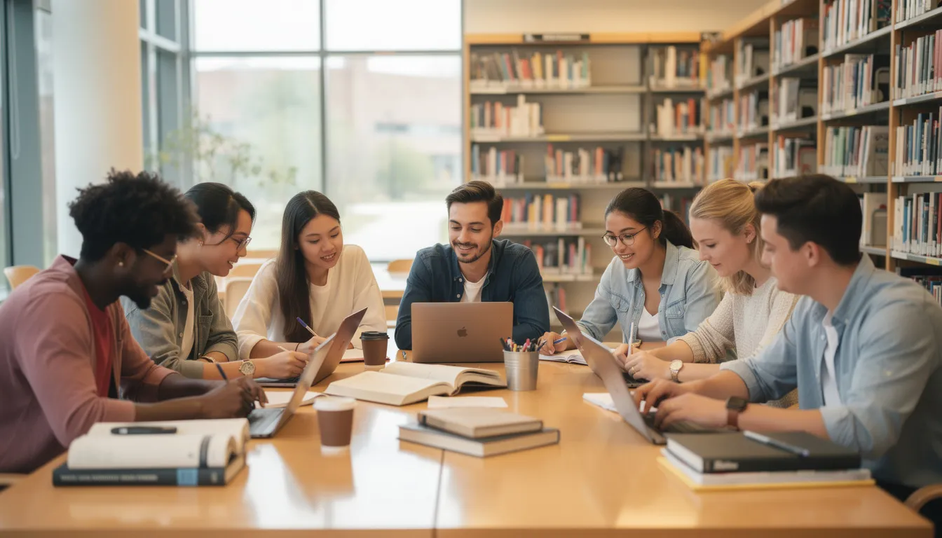 L'image montre un groupe d'étudiants internationaux diversifiés, assis ensemble dans une bibliothèque universitaire, en train d'étudier pour leurs examens en médecine. Ils échangent des idées et partagent des ressources, illustrant l'esprit collaboratif des études de médecine en Roumanie.