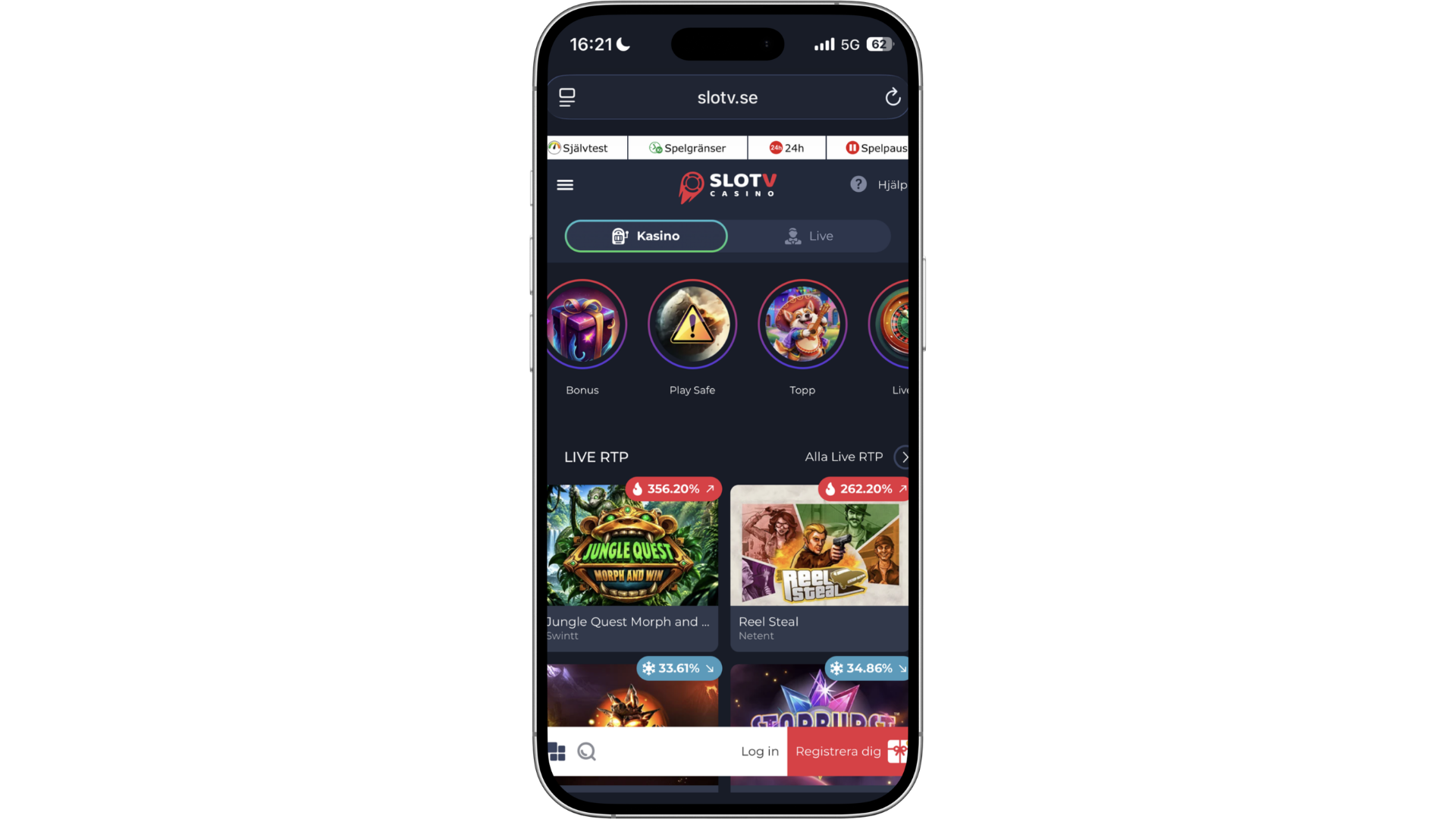 SlotV Casinos mobilanpassade startsida med spelkategorier och casinospel.