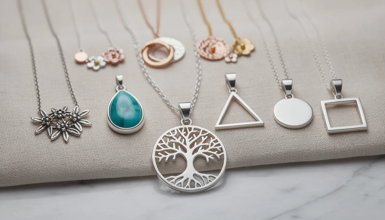 The image showcases a stunning collection of sterling silver necklaces featuring a variety of elegant designs, including nature-inspired motifs like the tree of life and bold geometric shapes. Each piece is a striking example of craftsmanship, perfect for adding a touch of sophistication to any style or occasion.