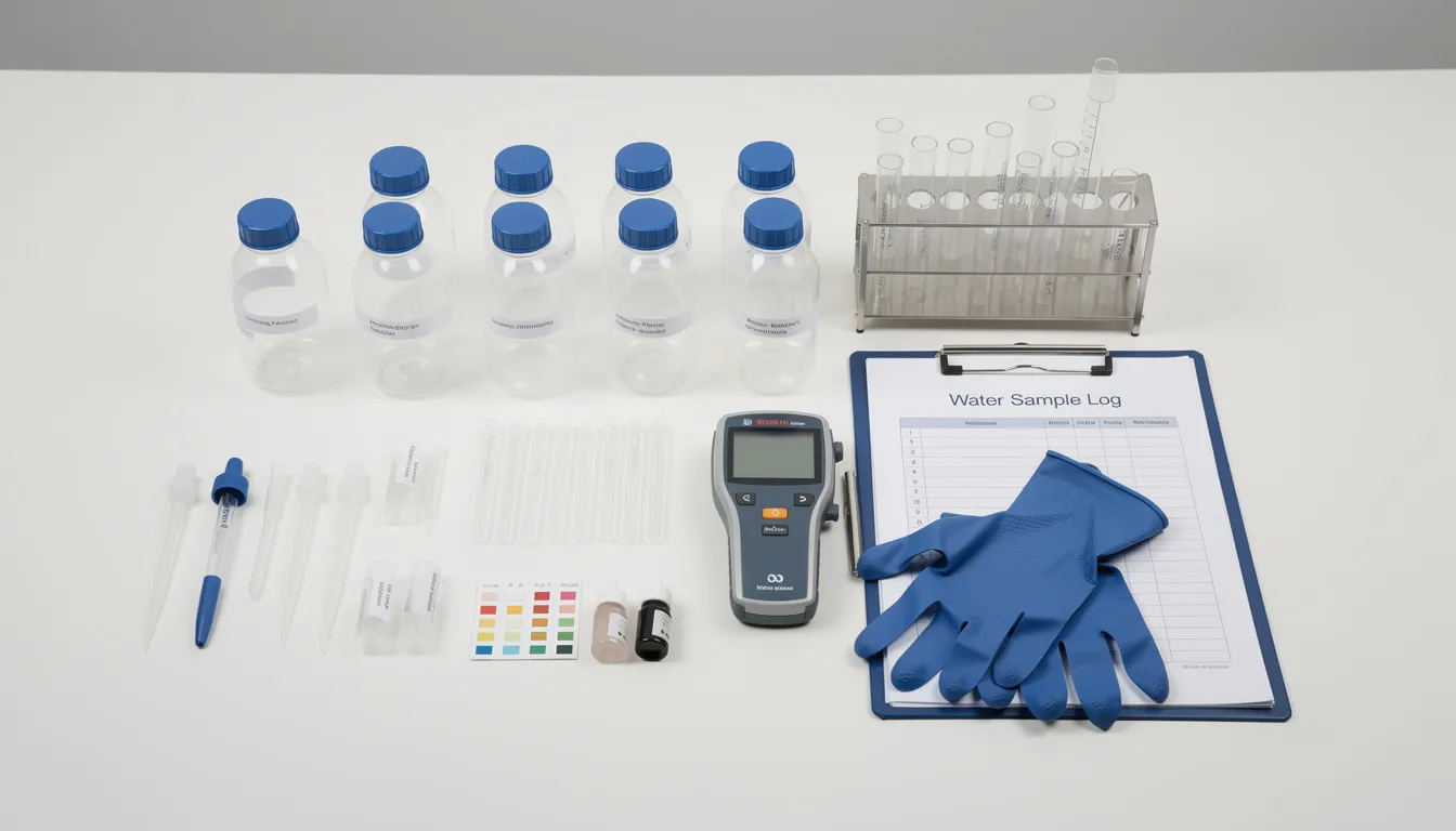 The image features various water sample collection equipment and testing supplies, including filtration systems and testing kits designed for assessing water quality. These tools are essential for homeowners and businesses in Maine to address water problems, such as contaminants and hard water issues, ensuring access to pure drinking water.