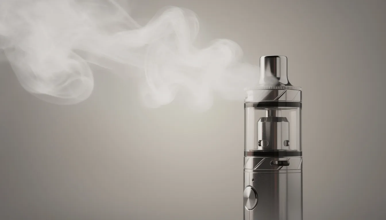 Eine Nahaufnahme eines Vape Pens, umgeben von einer sanften Dampfwolke, vor einem neutralen Hintergrund. Der Vape Pen symbolisiert moderne Konsumoptionen wie 10 oh hhc Produkte und bietet Einblicke in die Wirkung und Qualität von Cannabinoiden.