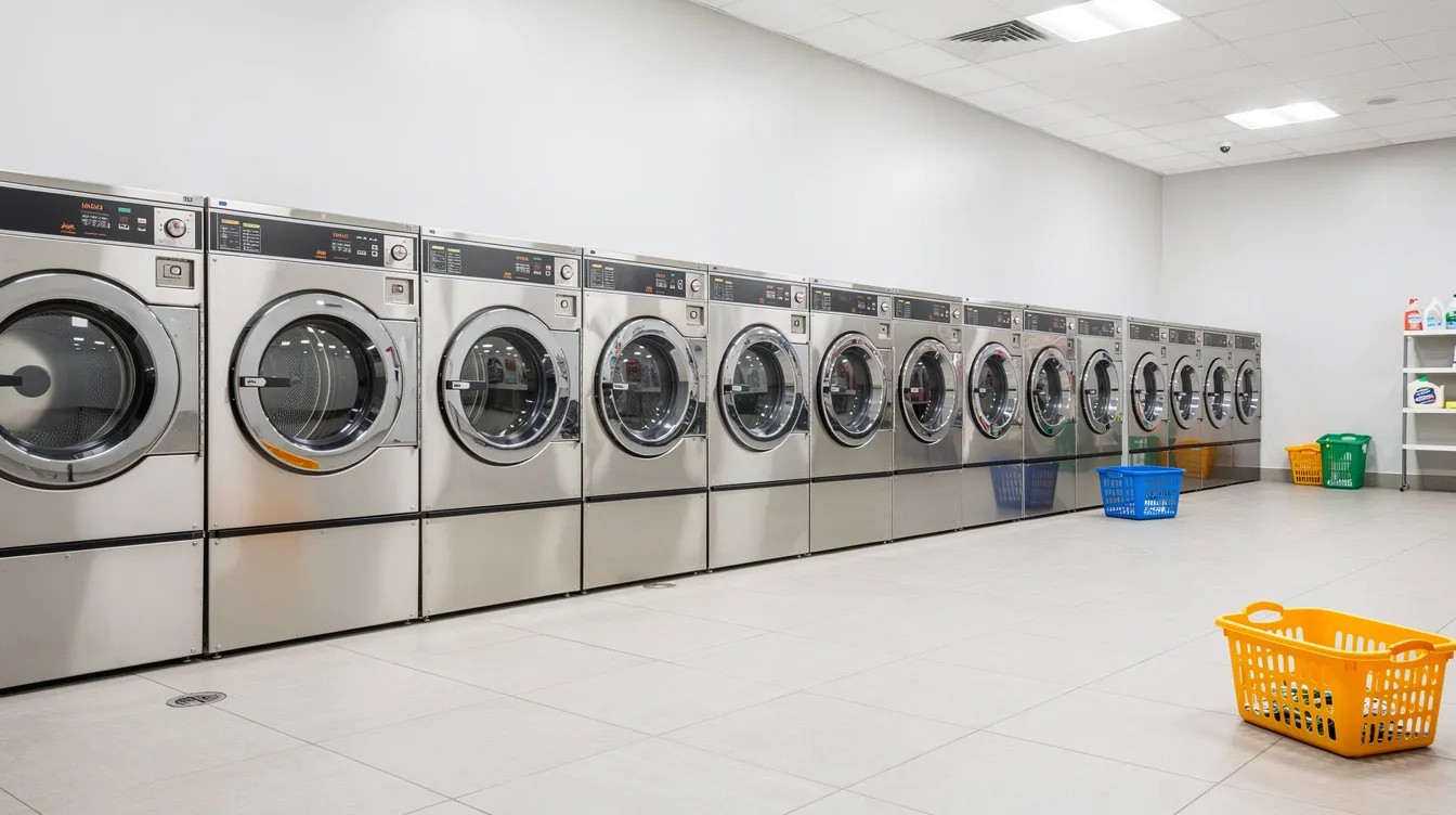 The image shows a row of front-loading washing machines in a bright and clean laundromat, where visitors can conveniently do laundry on the road. This laundry facility is ideal for washing multiple loads of clothes, with ample space for detergent and dryer sheets, making laundry day efficient and easy.