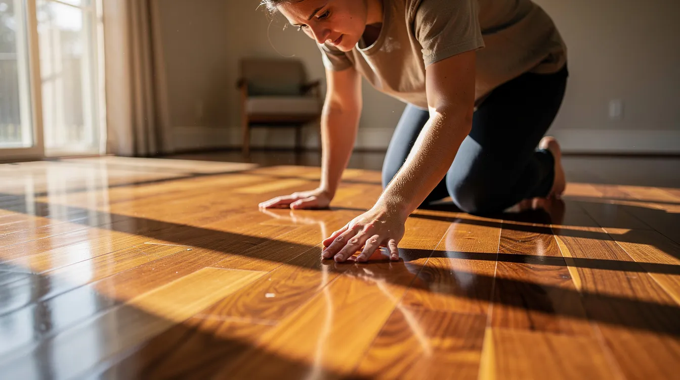 Refinished vs Prefinished Hardwood Floors: Which Is Best for Your Home in Western MA? 2 A person is closely examining the smooth surface of a polished hardwood floor in a sunlit room, showcasing the rich color and grain patterns typical of prefinished hardwood flooring. The sunlight highlights the flawless finish, emphasizing the quality and durability of the wood, ideal for high traffic areas.