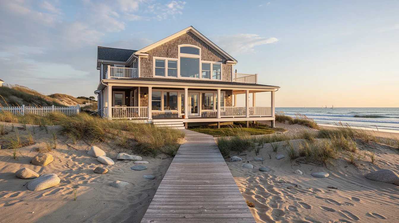 The image depicts a beautiful beach home located on the scenic Connecticut shoreline, showcasing an expansive ocean view. This picturesque property represents a potential dream home for eligible homebuyers looking to explore mortgage loan options and home equity opportunities.