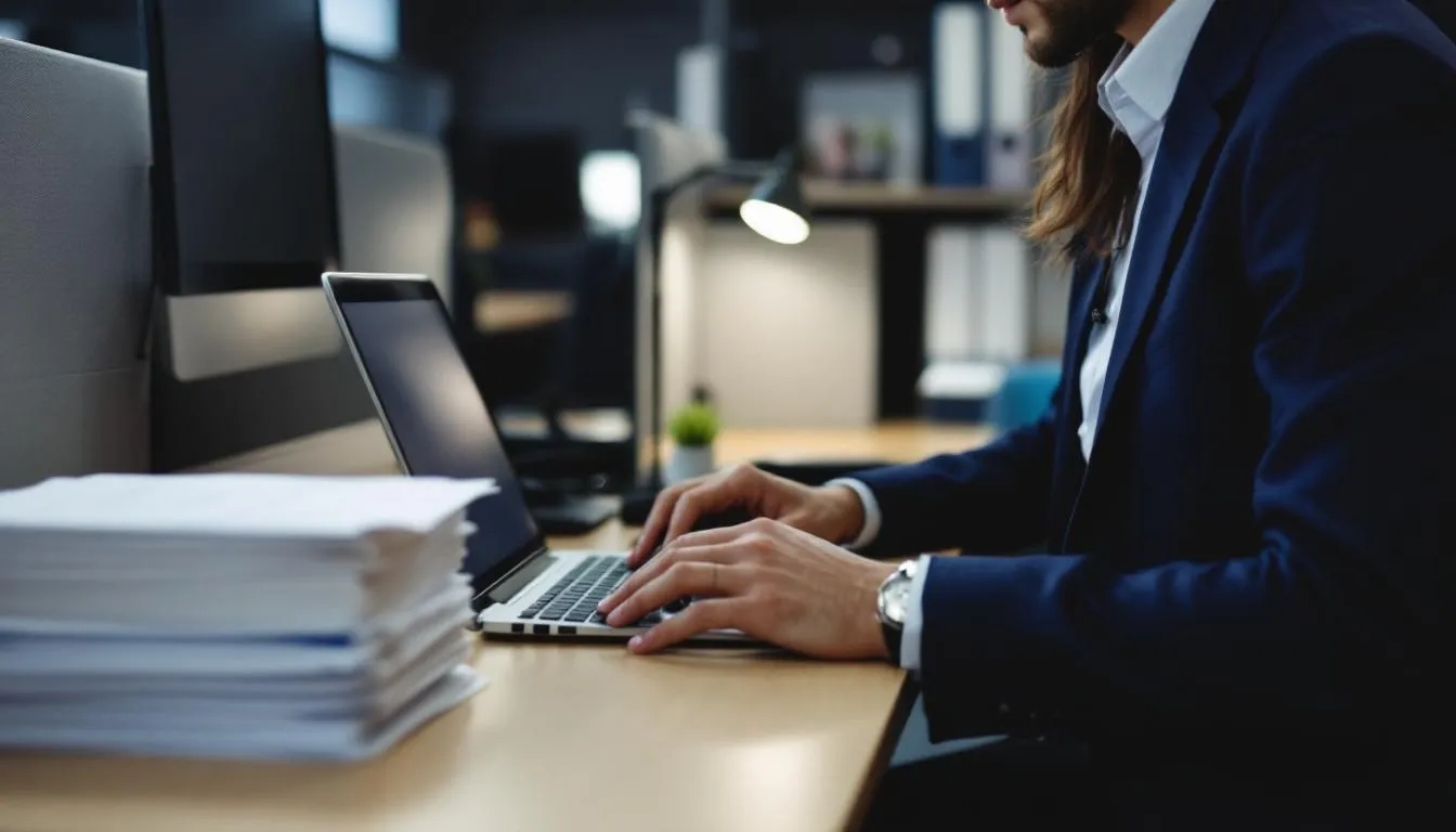 Een kantoorwerker vult digitale formulieren in op een computer voor een aanvraag voor de subsidieregeling procesondersteuning opschaling renovatieprojecten. De afbeelding toont een persoon geconcentreerd achter een bureau, omringd door documenten en een laptop, terwijl hij werkt aan de aanvraag voor een duurzame renovatieproject.