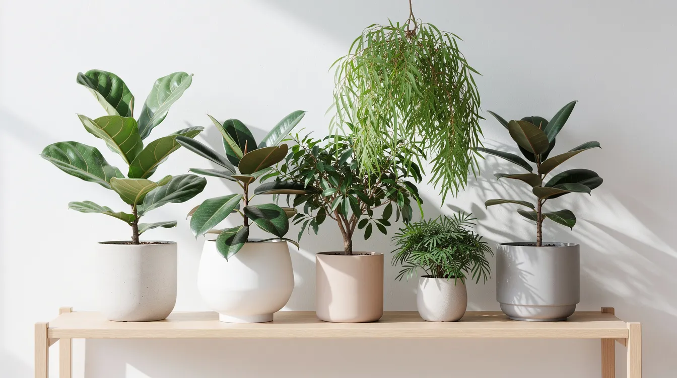 In der Abbildung sind verschiedene Ficus-Arten, darunter die Birkenfeige (Ficus benjamina) und der Gummibaum (Ficus elastica), in modernen Keramiktöpfen nebeneinander aufgestellt. Die Pflanzen zeigen eine Vielzahl von Blattformen und Größen, die das Bild einer lebendigen Zimmerpflanzenauswahl in einem hellen Raum vermitteln.