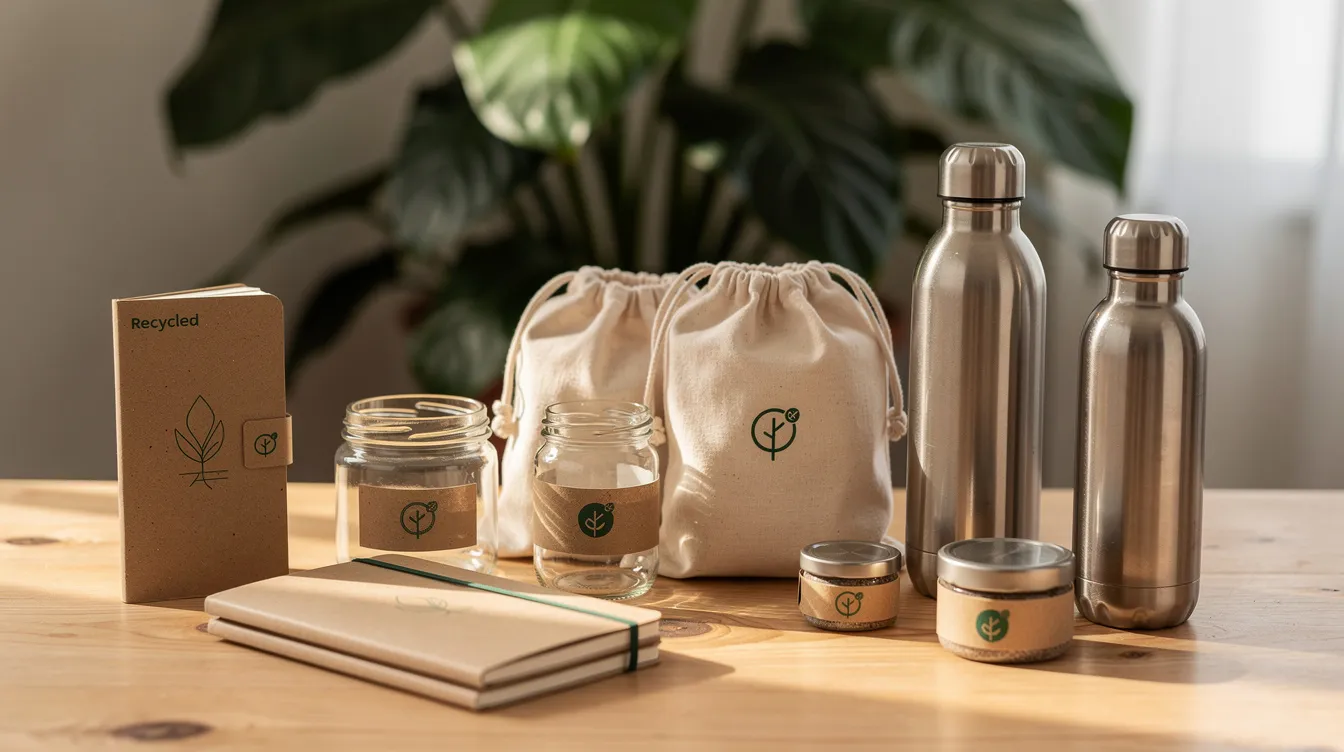 The image showcases a collection of eco-friendly products made from recycled materials, elegantly arranged on a natural wood surface, with lush green plants in the background, emphasizing a commitment to a healthier lifestyle and sustainability. This visually appealing setup reflects the brand identity of successful Shopify stores that prioritize high-quality, environmentally conscious products.