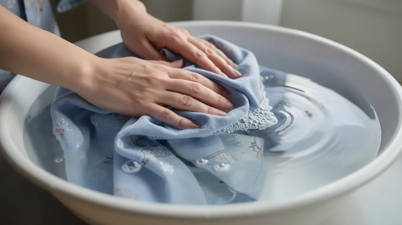 A pair of hands is gently pressing a blue cotton yukata into a basin filled with clear cold water, demonstrating the careful method of hand washing to maintain the garment's quality and prevent color fading. The scene reflects traditional Japanese culture, emphasizing the importance of using mild detergent and gentle care for delicate fabrics.