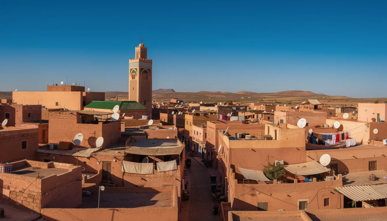 A panoramic view showcases a traditional Moroccan medina, featuring a mix of terracotta rooftops and a prominent mosque minaret set against a clear blue sky. This picturesque scene captures the essence of Moroccan life, with narrow streets and traditional houses that reflect the rich cultural heritage of North Africa.